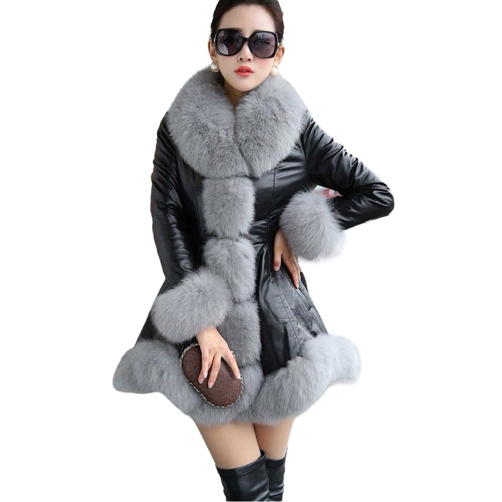 Faux Grey Fur & Black Sheepskin Coat Scalloped  Bottom EdgeTapered Waist SZ S